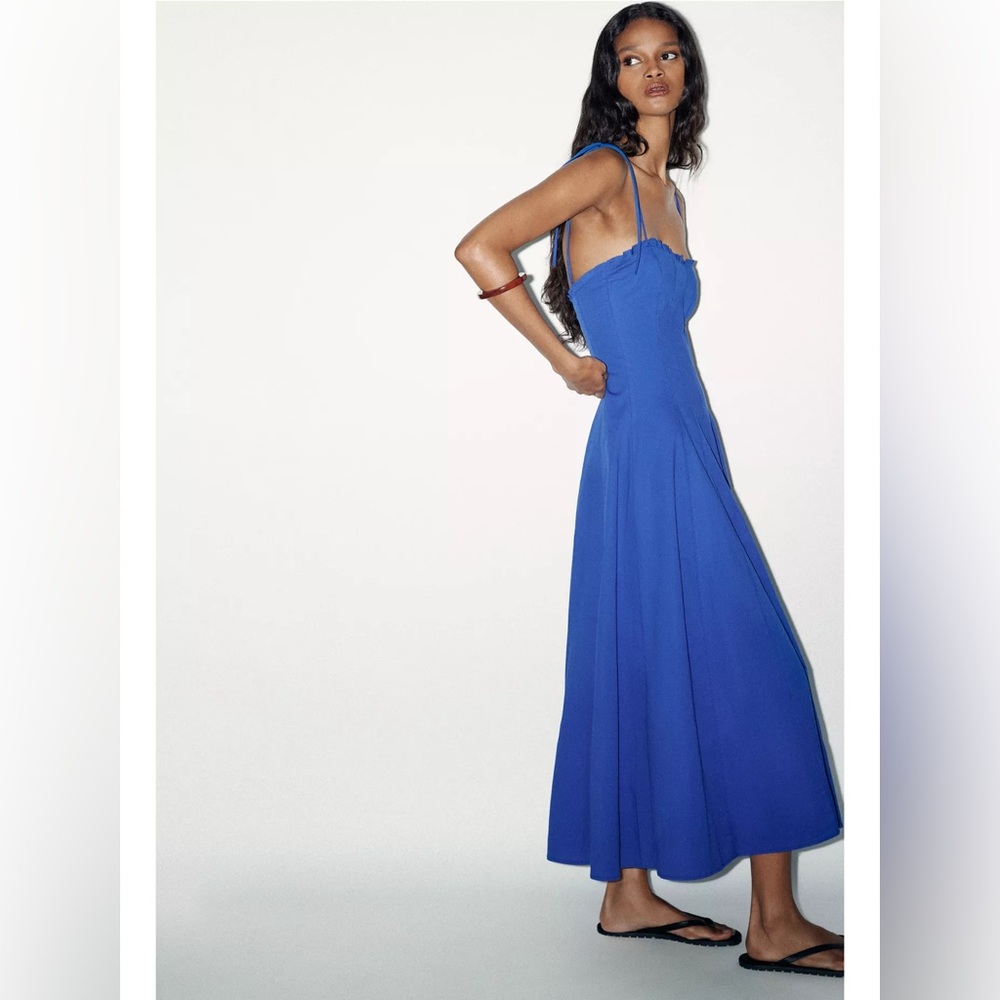 ZARA COTTON POPLIN TIE MIDI DRESS | CORNFLOWER BLUE | L NWT - Picture 6 of 16